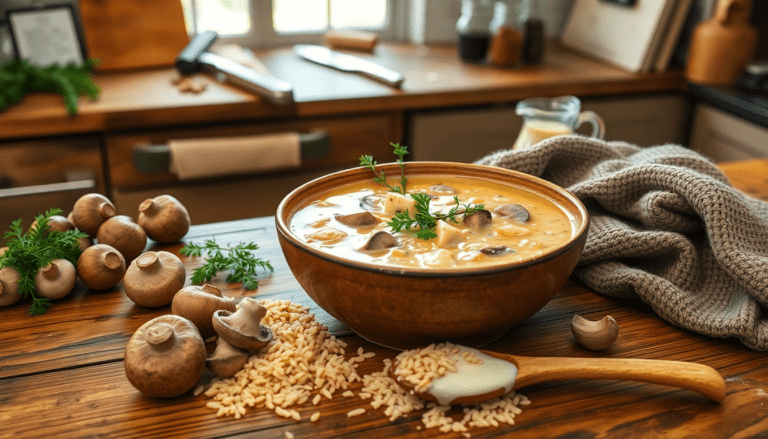Warm up with our creamy mushroom and wild rice soup, a deliciously rich blend of flavors perfect for cozy nights. Taste the comfort in every spoonful.