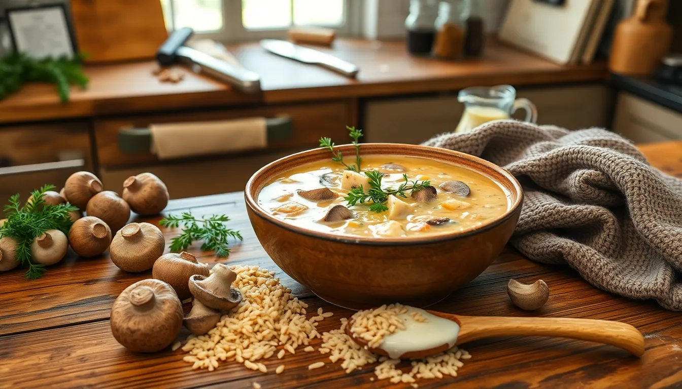 Warm up with our creamy mushroom and wild rice soup, a deliciously rich blend of flavors perfect for cozy nights. Taste the comfort in every spoonful.