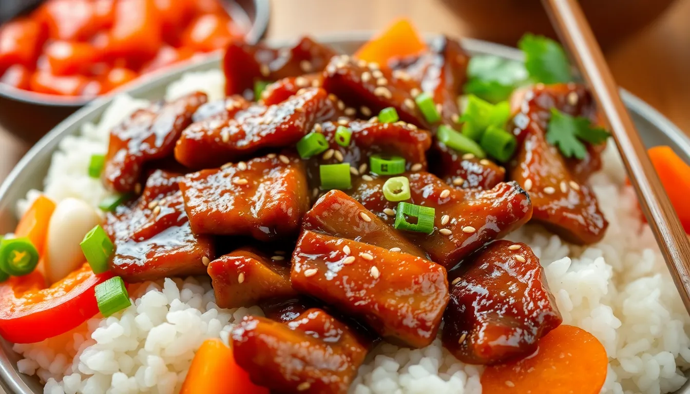 Savor the deliciousness of Korean bulgogi beef with rice, a mouthwatering dish of marinated beef grilled to perfection, served with flavorful rice.