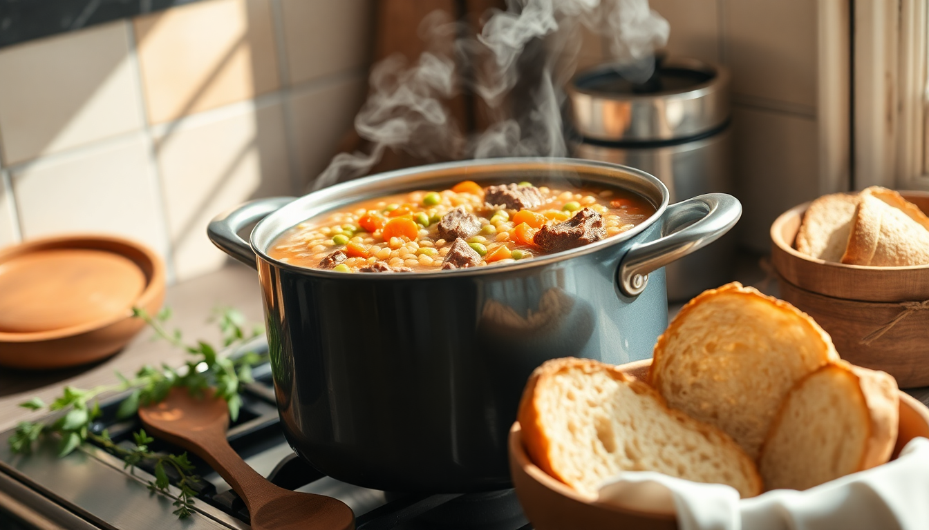 Warm up with our hearty beef and barley soup, a comforting blend of tender meat, rich flavors, and nutritious barley. Perfect for cozy nights in!