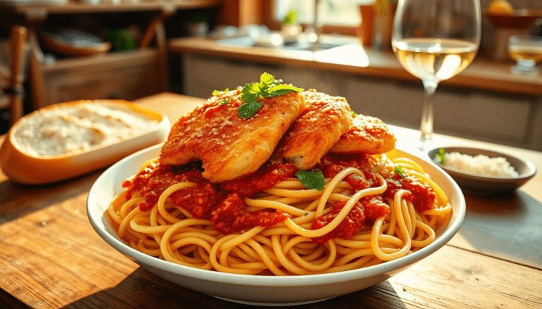 Savor the delicious blend of flavors in Chicken Parmesan Pasta, a comforting dish featuring tender chicken, creamy sauce, and pasta. Perfect for any dinner!
