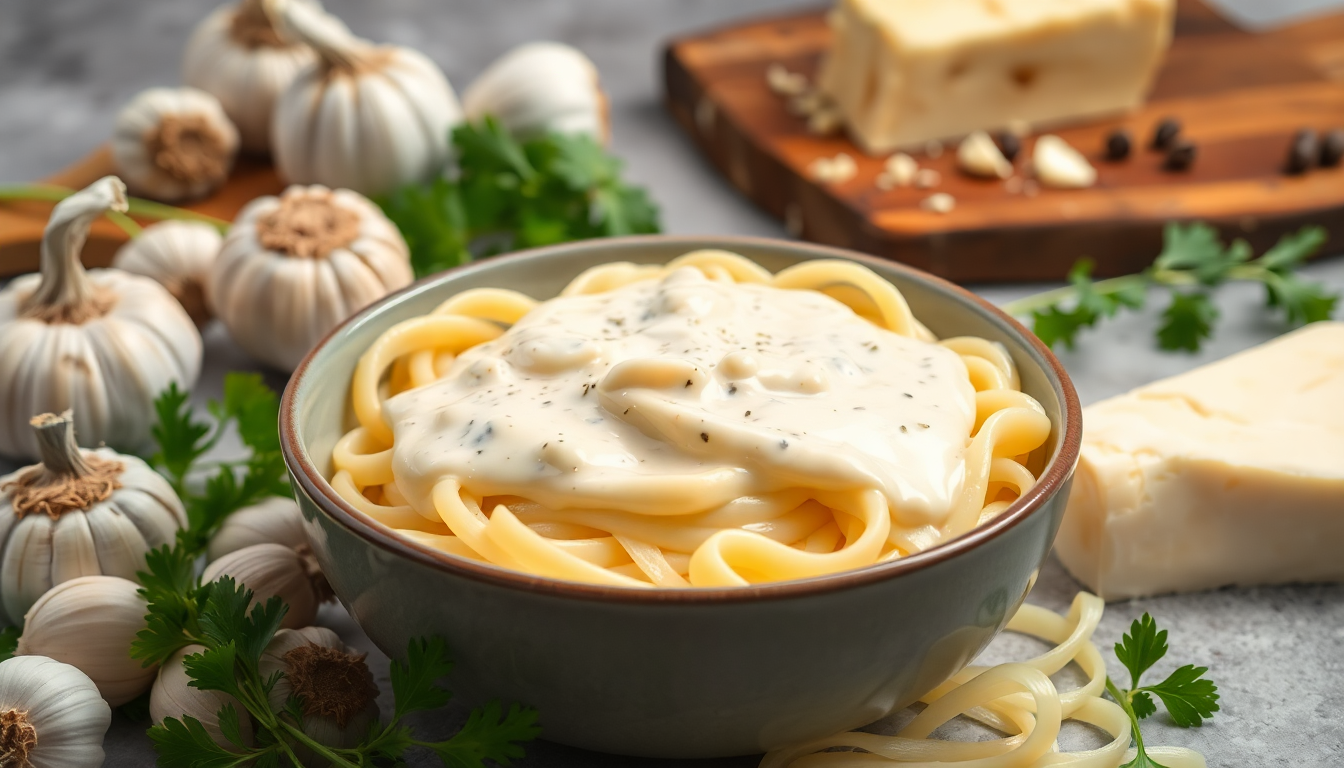 Indulge in the rich flavors of garlic parmesan Alfredo sauce, a creamy delight perfect for pasta, pizza, or as a savory dip. Elevate your meals today!