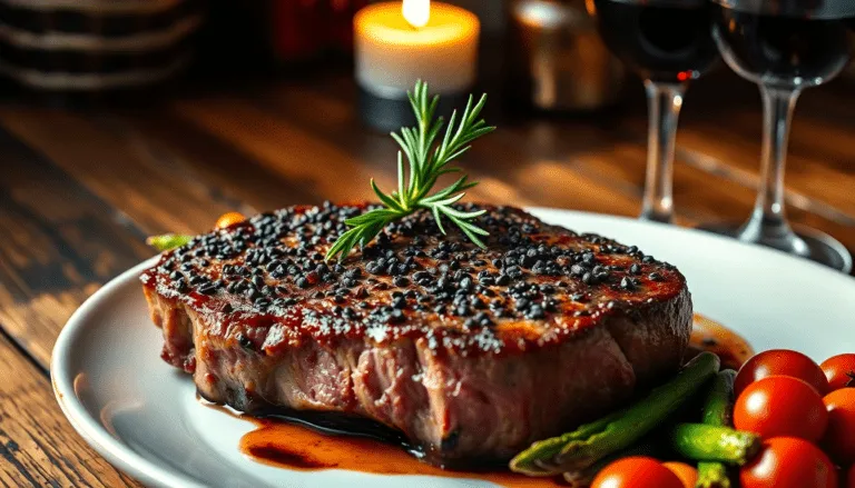 Indulge in the flavors of a New York strip steak with peppercorn crust, perfectly seared to enhance its rich taste. A must-try for steak lovers!