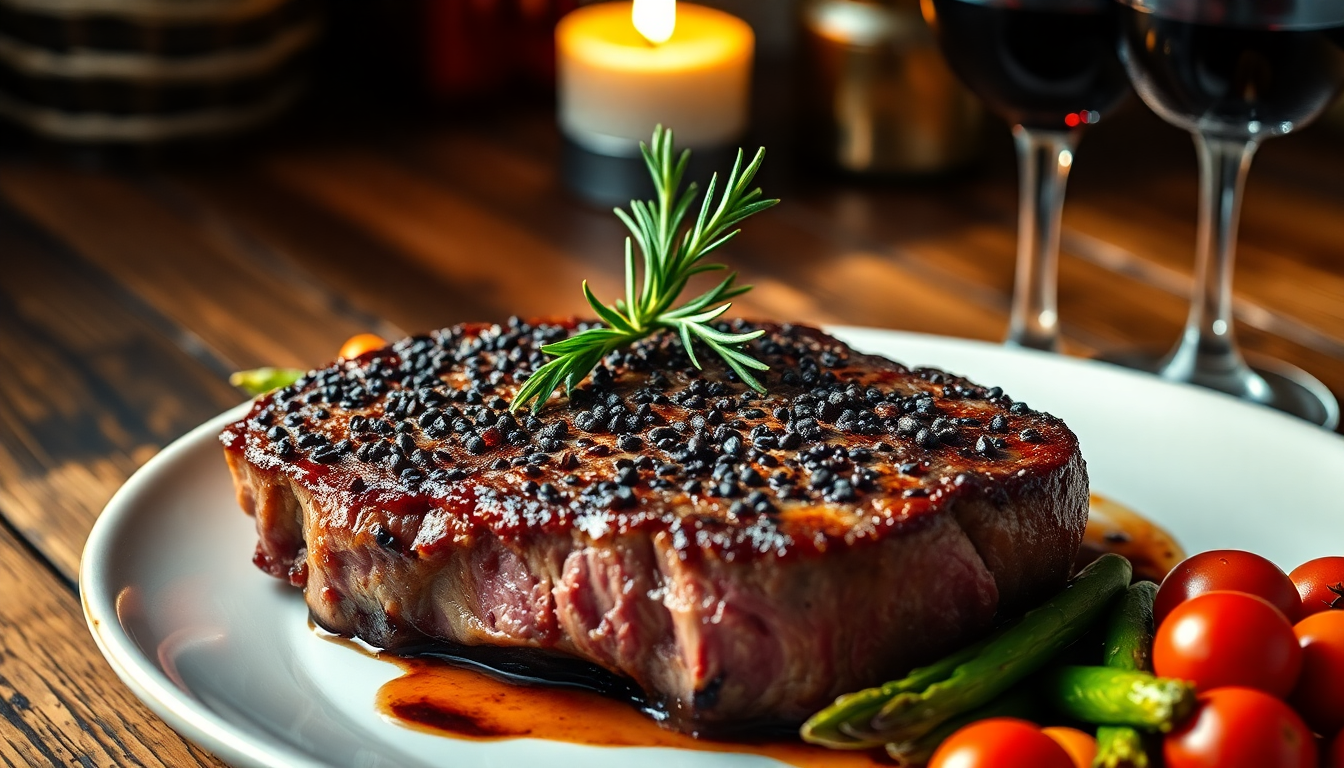 Indulge in the flavors of a New York strip steak with peppercorn crust, perfectly seared to enhance its rich taste. A must-try for steak lovers!