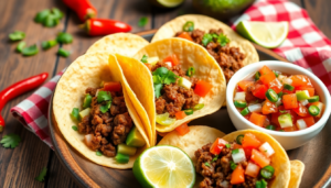 Savor the bold flavors of ground beef tacos topped with fresh salsa. Perfect for a quick dinner or a fiesta night, these tacos will delight your taste buds!