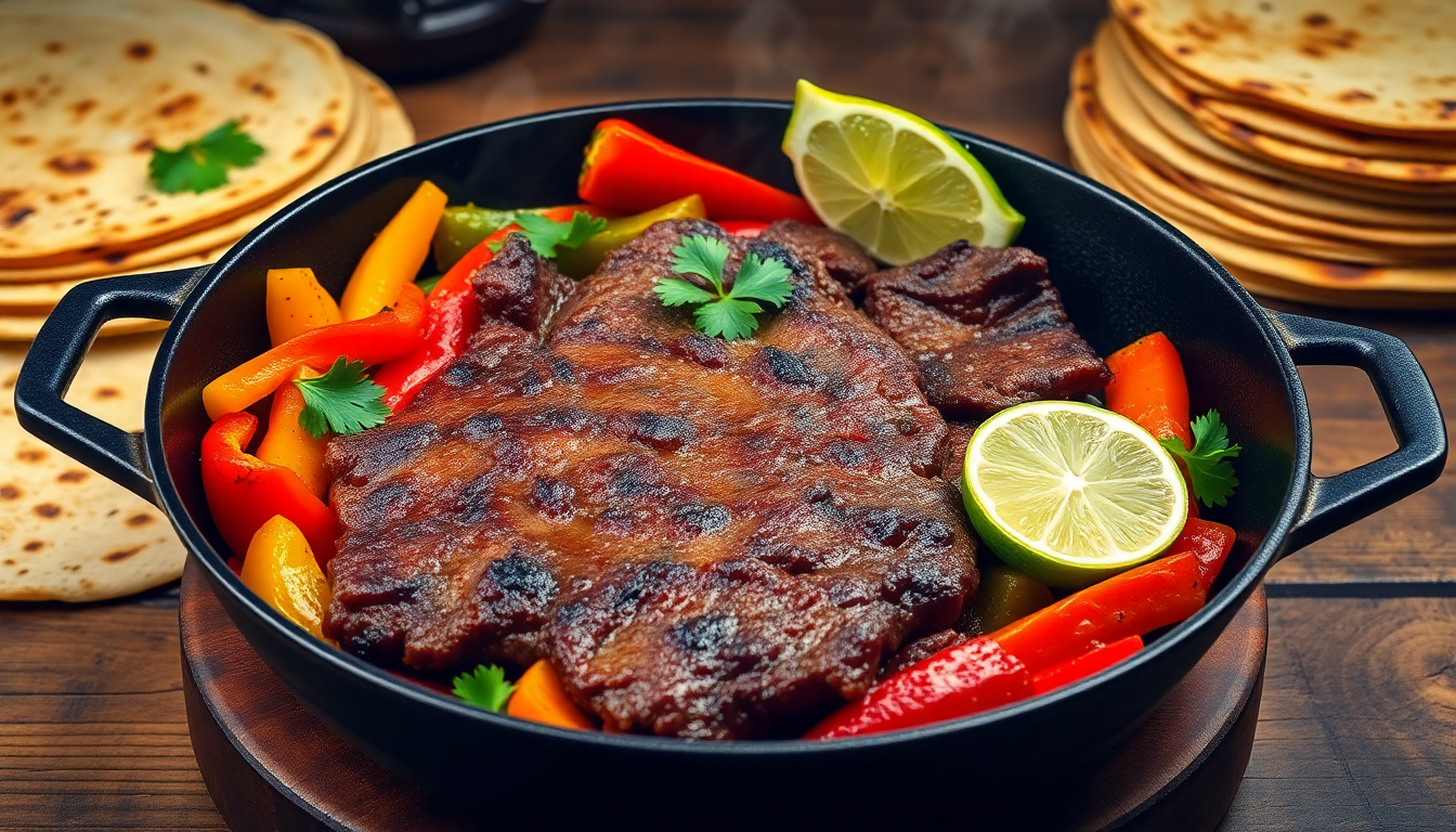 Delight in flavorful skirt steak fajitas with peppers, bursting with savory spices and vibrant colors. Perfect for your next delicious meal!